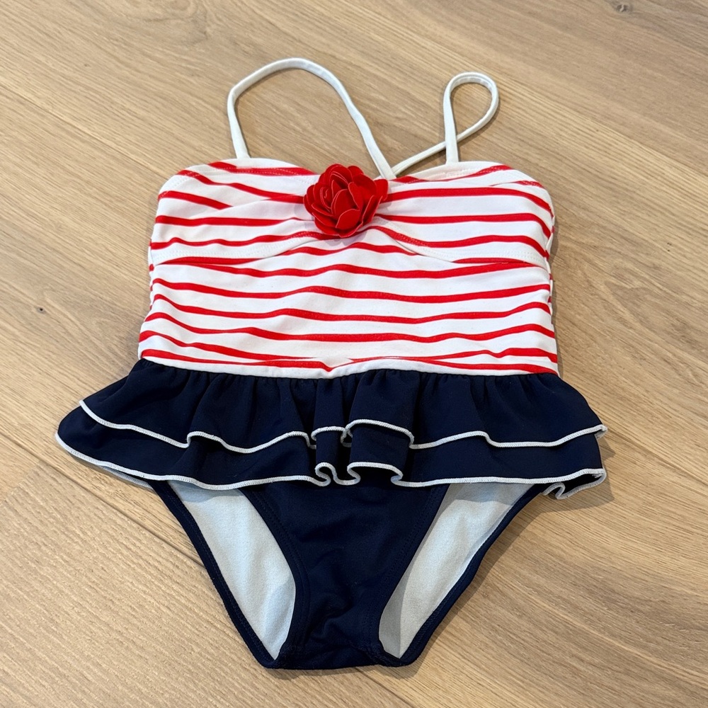 Janie and Jack Red and Navy Striped One Piece Swimsuit